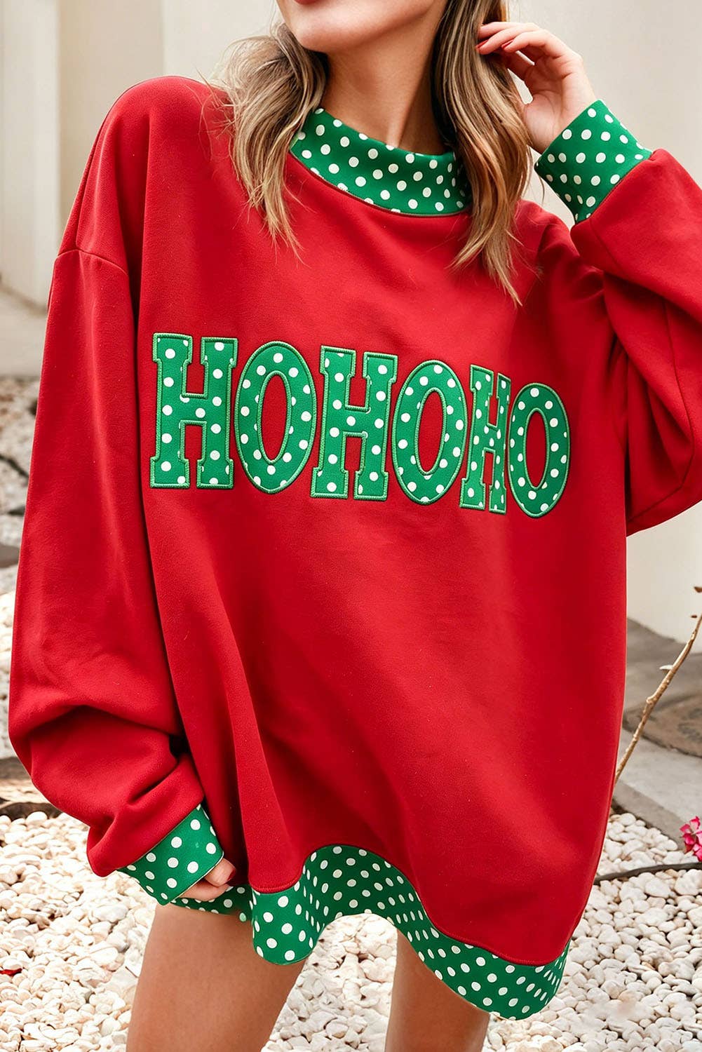 Little Daisy Closet red polka dot holiday sweatshirt with contrast trim and mock neck, cozy fall/winter fashion.