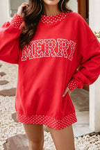 Little Daisy Closet red holiday mock neck sweatshirt with polka dot contrast trim and cozy sweatshirt fabric.