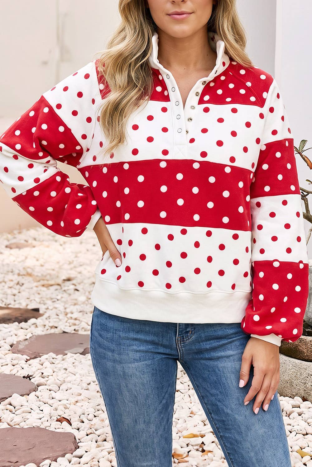 Blue Little Daisy Closet graphic sweatshirt with contrast colorblock and polka dot print, featuring a casual, stylish design.