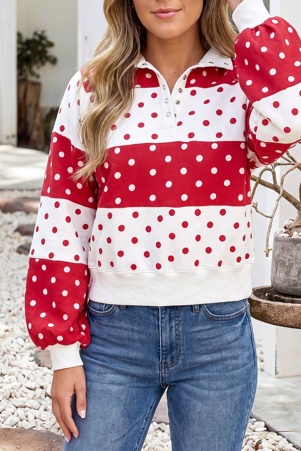 Blue Little Daisy Closet graphic sweatshirt with contrast colorblock and polka dot print, featuring a casual, stylish design.