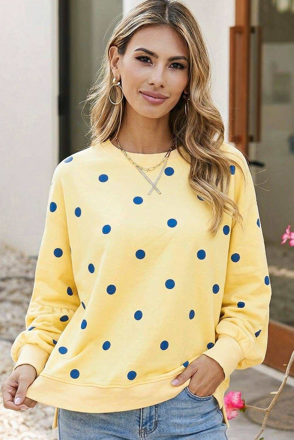 Yellow oversized sweatshirt with polka dots and a round neck from Little Daisy Closet, casual and comfortable fashion.