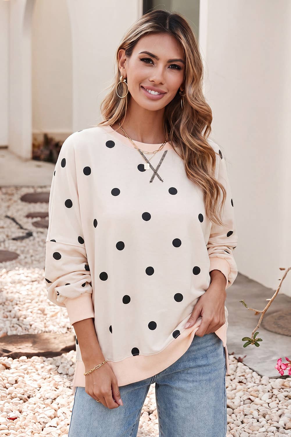 Yellow oversized sweatshirt with polka dots and a round neckline from Little Daisy Closet, casual and comfortable style.
