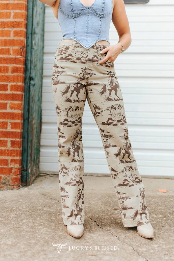 Beige desert high-rise trouser jeans by Lucky & Blessed with a 32-inch inseam, shown on a model.