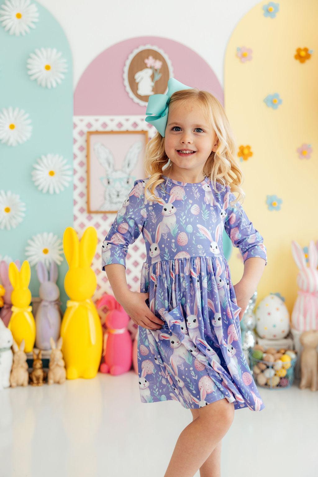 Beautiful Bunnies 3/4 Sleeve Pocket Twirl Dress