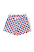 Boy wearing Mila & Rose® Boom Check Play Shorts in vibrant red and blue, featuring a comfortable elastic waistband.