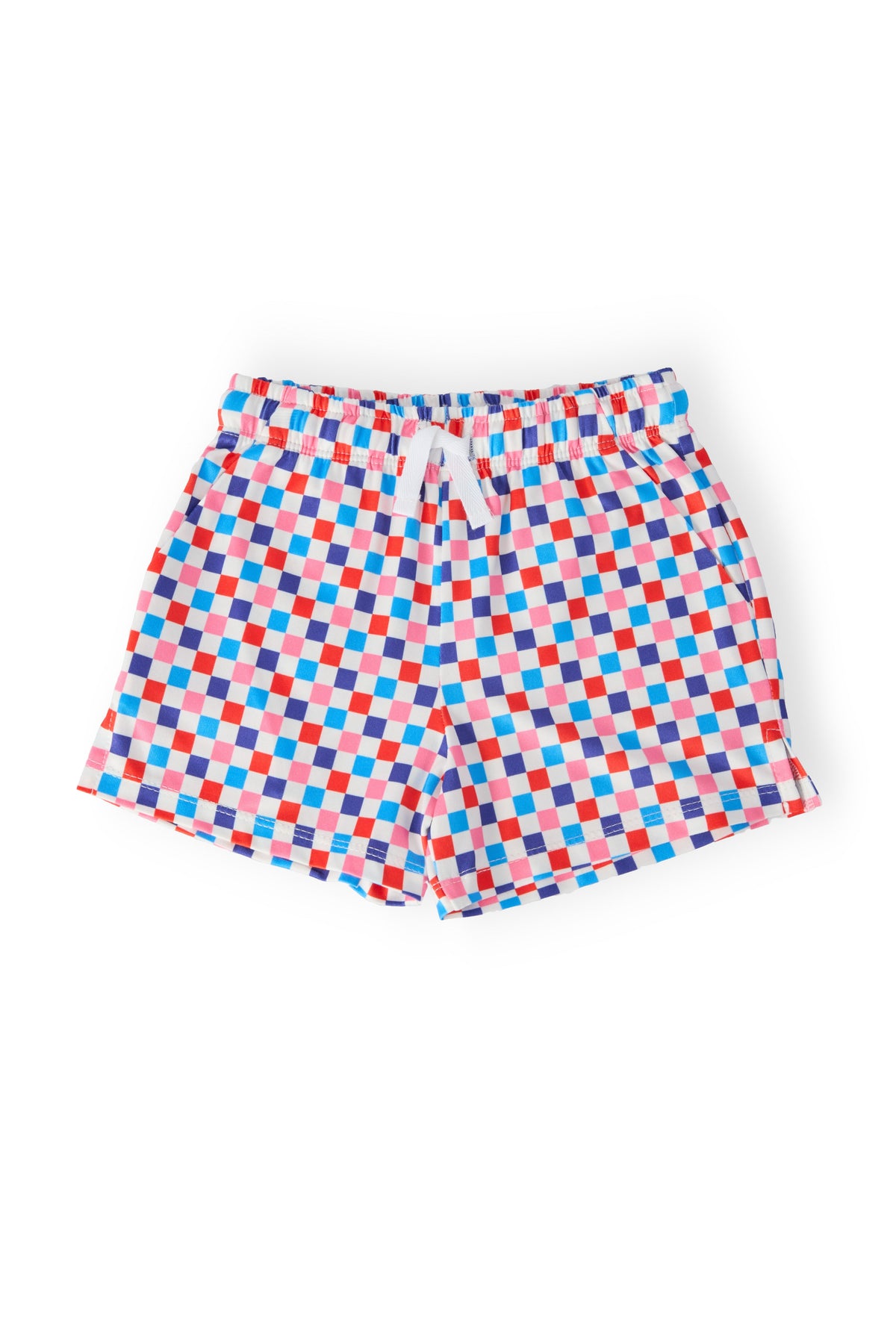 Boy wearing Mila & Rose® Boom Check Play Shorts in vibrant red and blue, featuring a comfortable elastic waistband.
