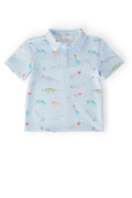 Boy wearing Mila & Rose boys fish hook short-sleeve polo shirt, showcasing a casual boys polo with fish hook detail.