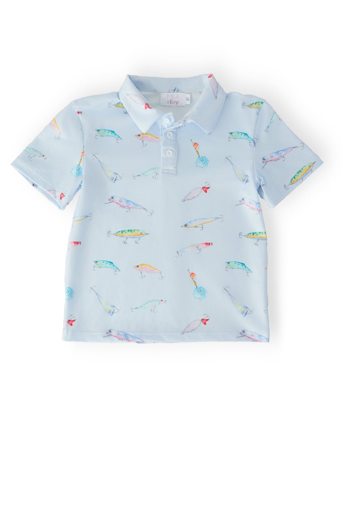 Boy wearing Mila & Rose boys fish hook short-sleeve polo shirt, showcasing a casual boys polo with fish hook detail.