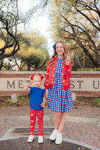 Red Mustang leggings for toddlers by Mila & Rose featuring a vibrant Mustang design on comfortable leggings.