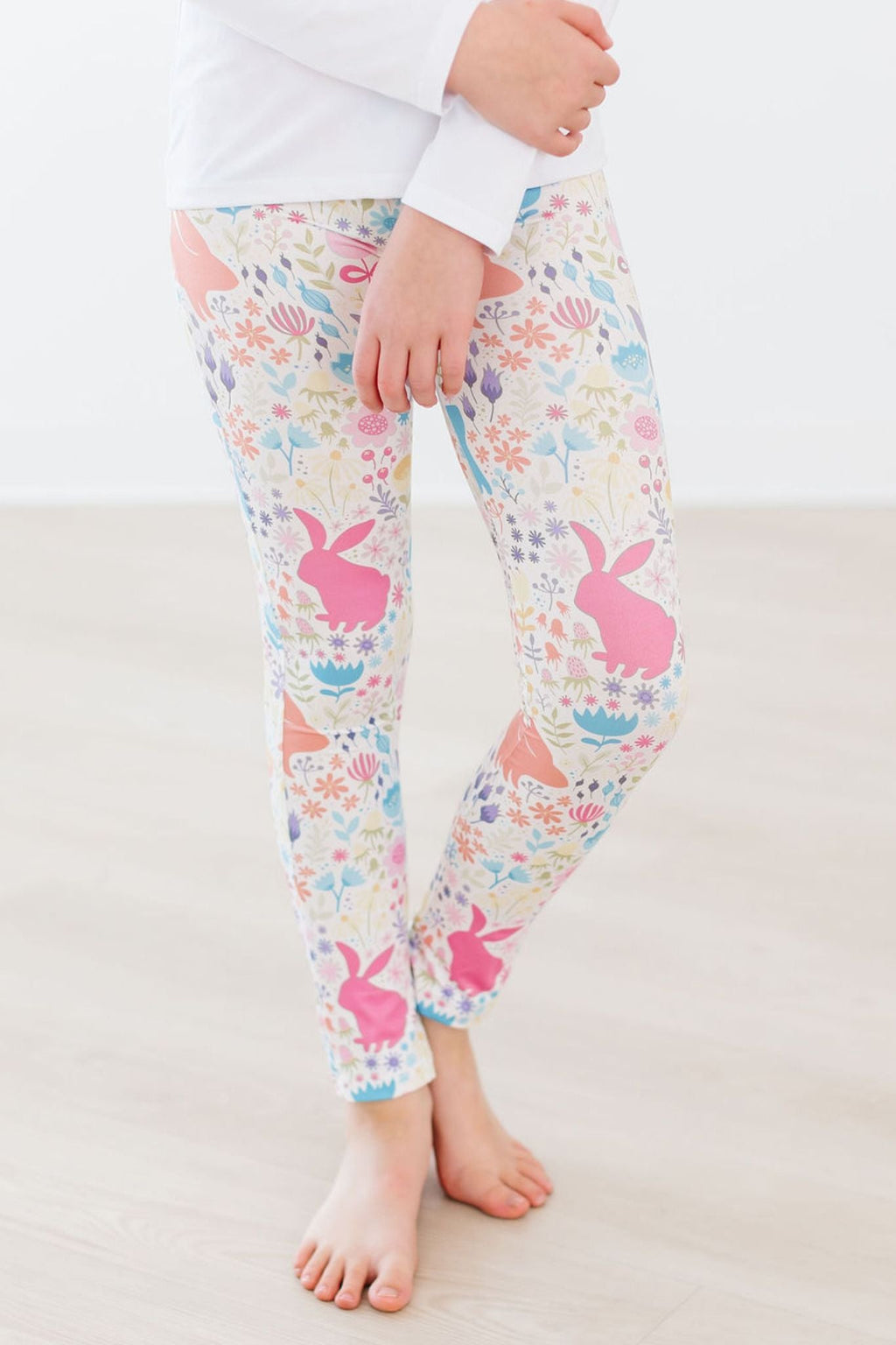 Pastel floral bunnies leggings for babies, Mila & Rose ®, featuring soft pastel colors and adorable bunny and floral patterns.