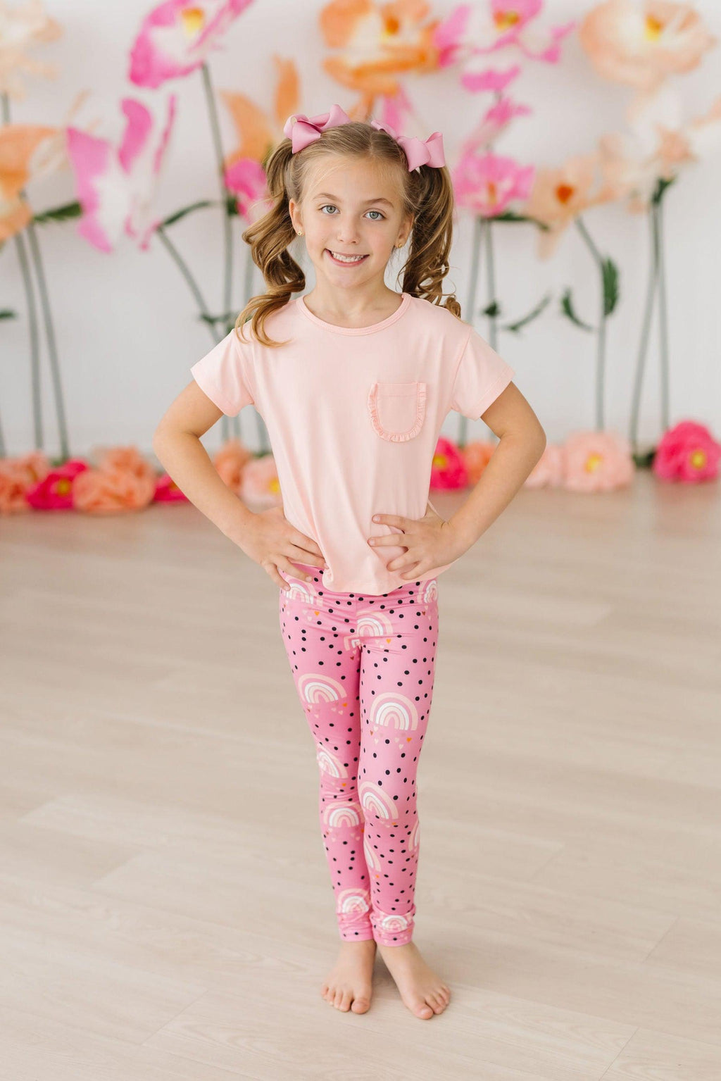 Mila & Rose Rainbow Wishes leggings for toddlers, featuring colorful rainbow design and soft stretchy fabric.