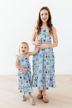 Mila & Rose patriotic petal ruffle maxi dress for toddlers, featuring a colorful floral design and flowing ruffle details.