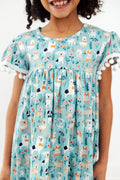 Cute Mila & Rose furry friends pom pom dress for 12-24 months, featuring soft fabric and adorable pom pom details.