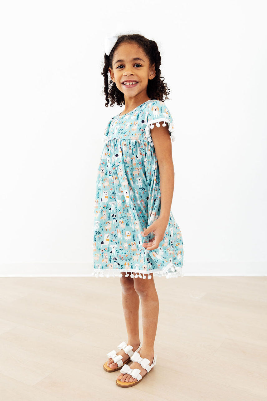 Furry Friends Pom Pom Dress for toddlers by Mila & Rose, featuring colorful pom poms and soft fabric for little girls.