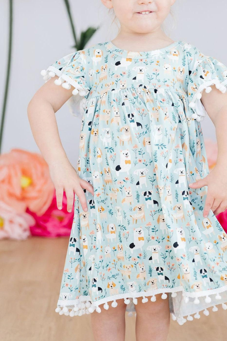 Cute Mila & Rose furry friends pom pom dress for 12-24 months, featuring colorful pom poms and soft fabric for toddler girls.