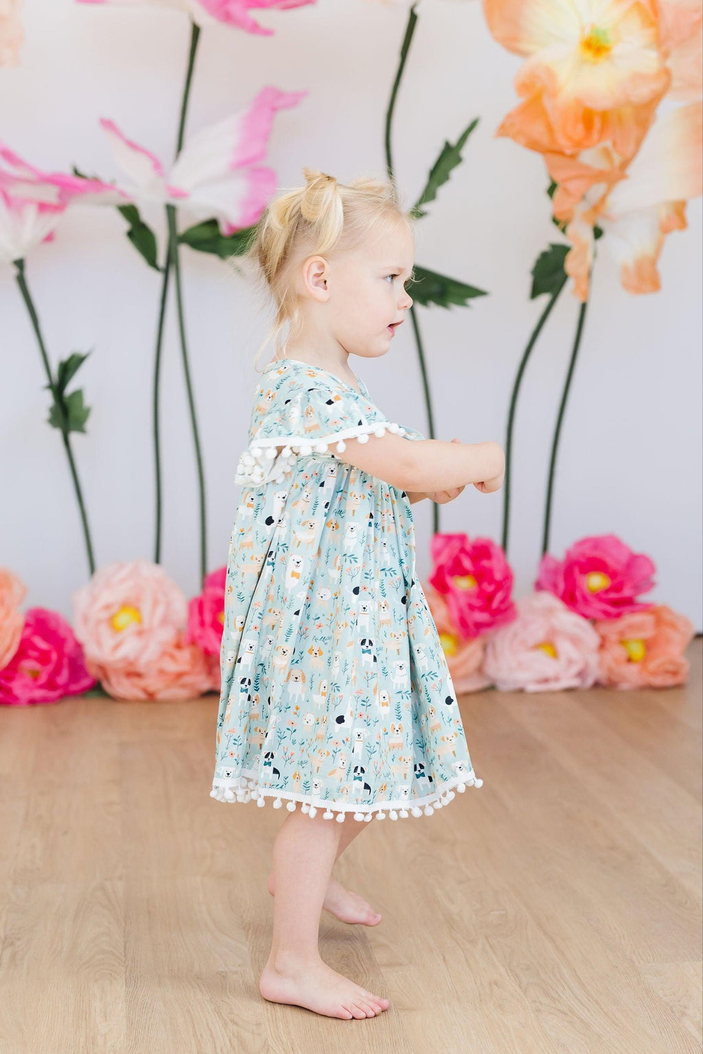 Cute Mila & Rose furry friends pom pom dress for 12-24 month old toddlers with colorful pom pom accents and soft fabric.