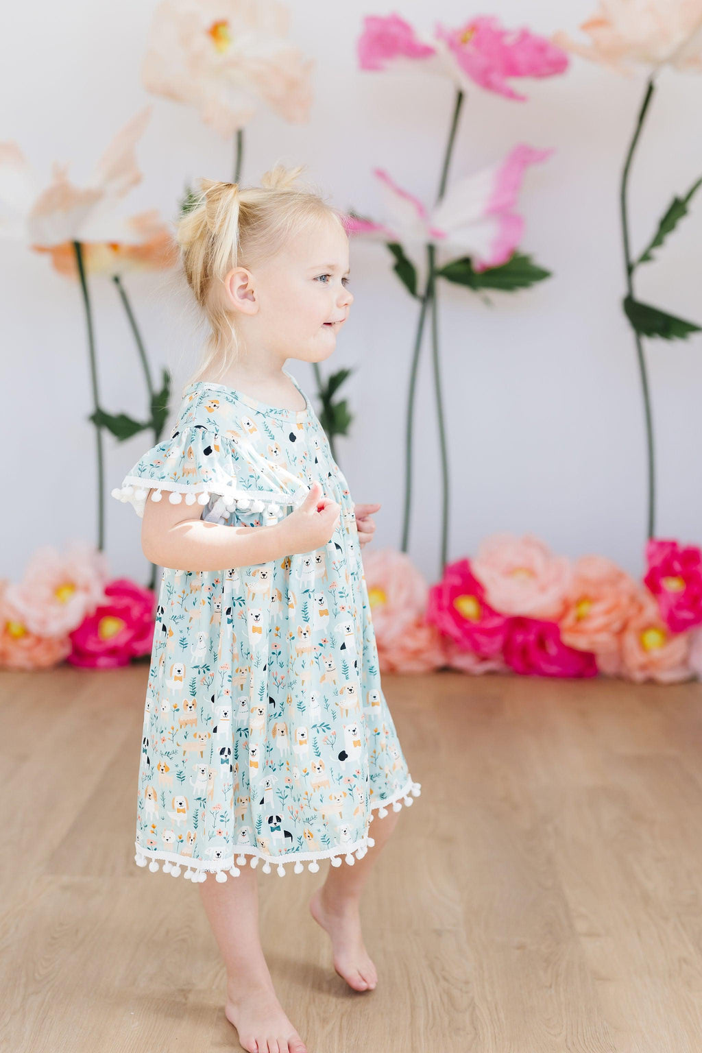 Mila & Rose furry friends pom pom dress for 12-24 months, soft fabric with colorful pom pom details for toddler girls.