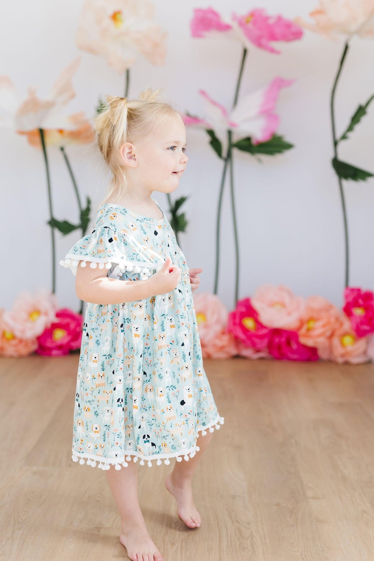 Mila & Rose furry friends pom pom dress for 12-24 months, soft fabric with colorful pom pom details for toddler girls.