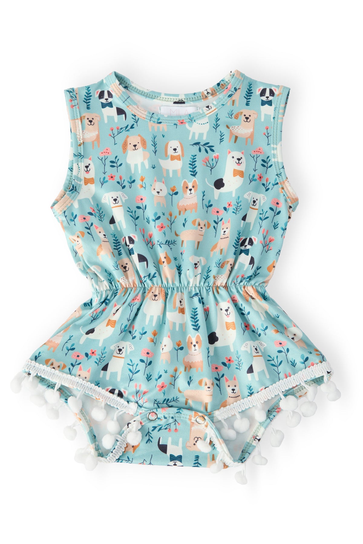 Mila & Rose Furry Friends Pom Pom Romper for babies, soft fabric with colorful pom poms, cozy and adorable baby romper.