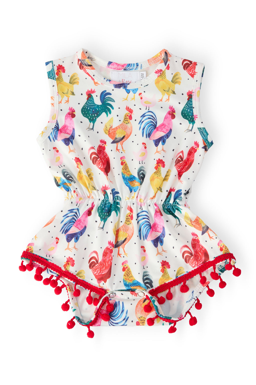 Mila & Rose® Rooster Pom Pom Romper for infants, soft fabric with playful pom pom details, suitable for baby boys and girls.