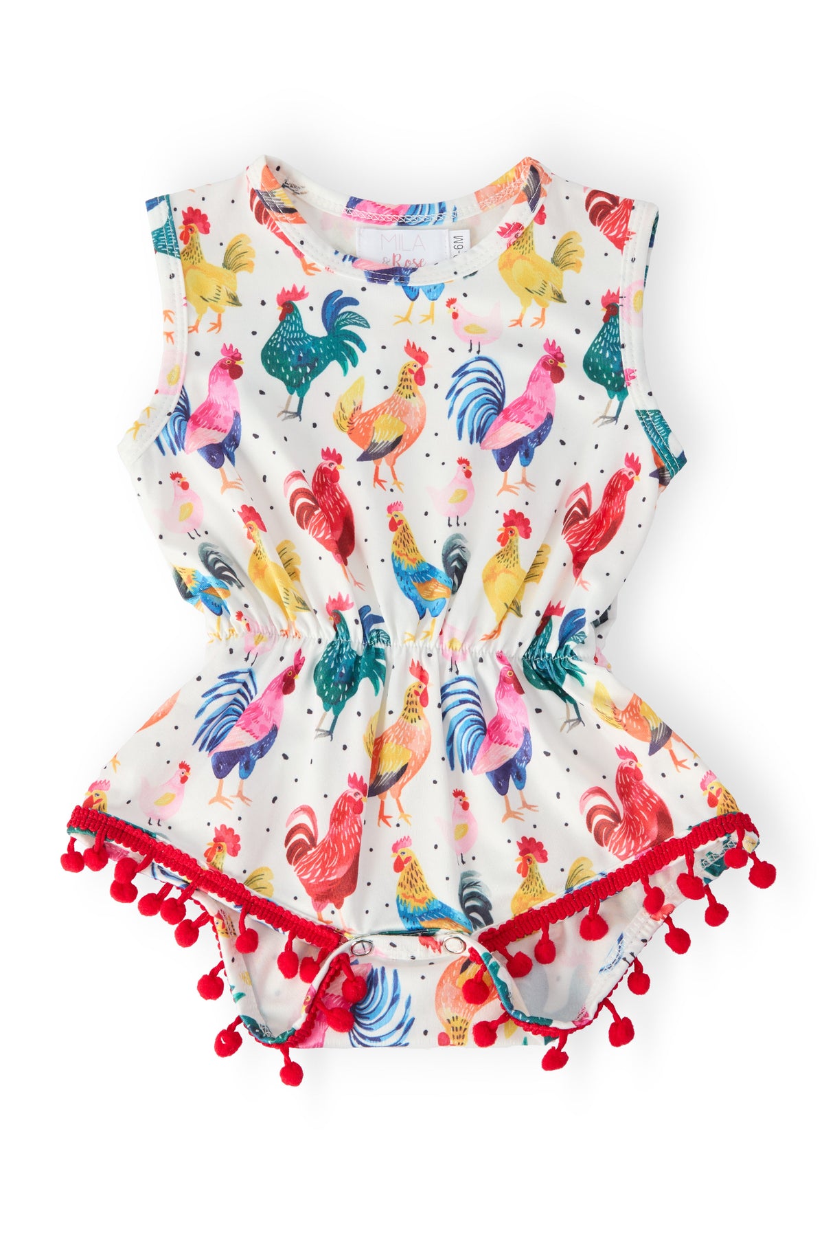 Mila & Rose® Rooster Pom Pom Romper for infants, soft fabric with playful pom pom details, suitable for baby boys and girls.