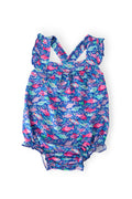 Baby wearing Mila & Rose® Fish in the Sea Ruffle Cross Back Romper, featuring ruffles and a cross-back design for infants.