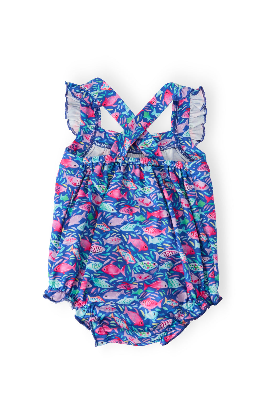 Mila & Rose® Fish in the Sea Ruffle Cross Back Romper for babies, with ruffle details and cross-back design in soft fabric.