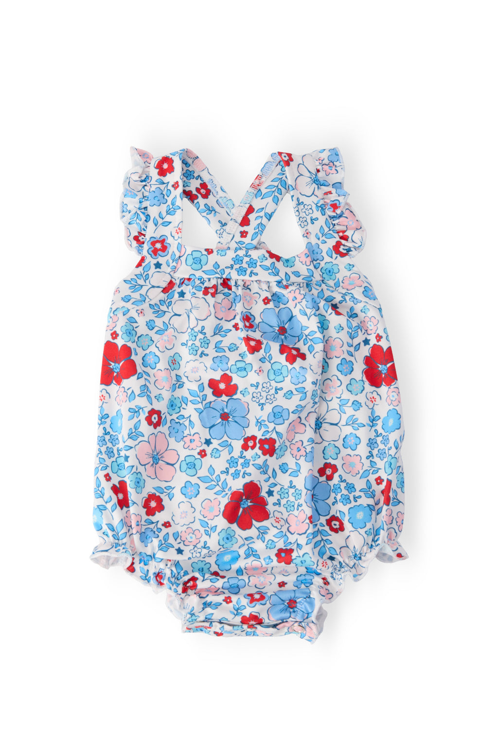 Mila & Rose patriotic petal ruffle cross back romper for infants, featuring ruffled straps and a charming design for baby girls.