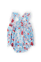 Baby girl wearing Mila & Rose patriotic petals ruffle cross back romper with ruffled details and cross-back straps for a cute summer look.