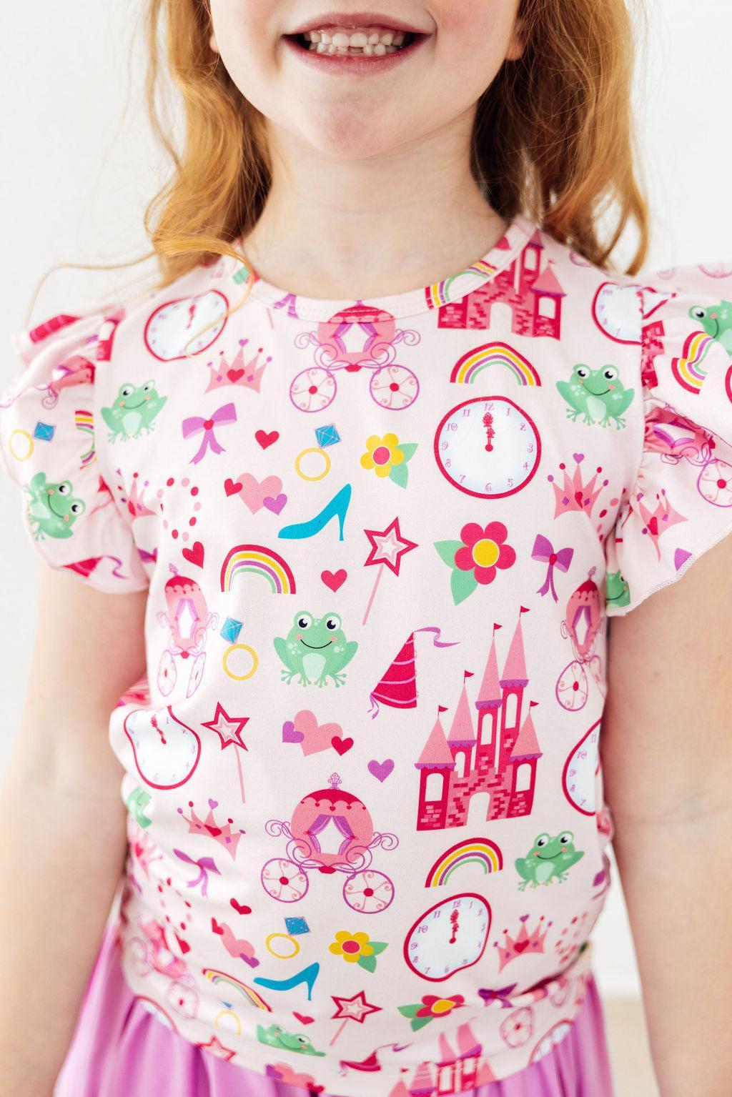 Mila & Rose Princess & the Froggie short-sleeve ruffle tee for toddlers, featuring a playful frog and princess design in soft fabric