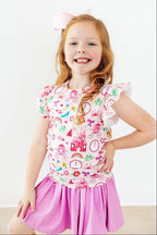 Pink short-sleeve ruffle tee for toddlers from Mila & Rose featuring Princess & the Froggie design, soft fabric and cute ruffle details.