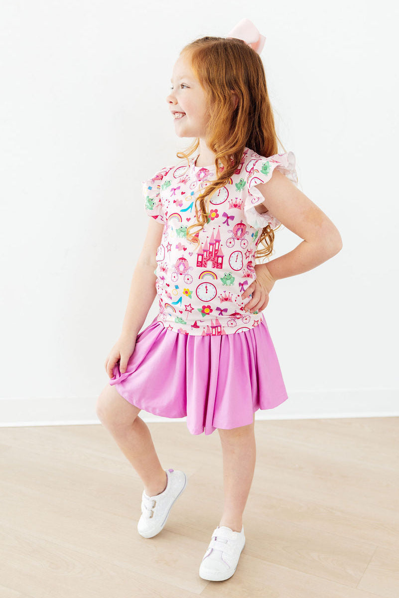 Pink Mila & Rose princess and Froggie short sleeve ruffle tee for toddlers, featuring playful froggie print and soft fabric.
