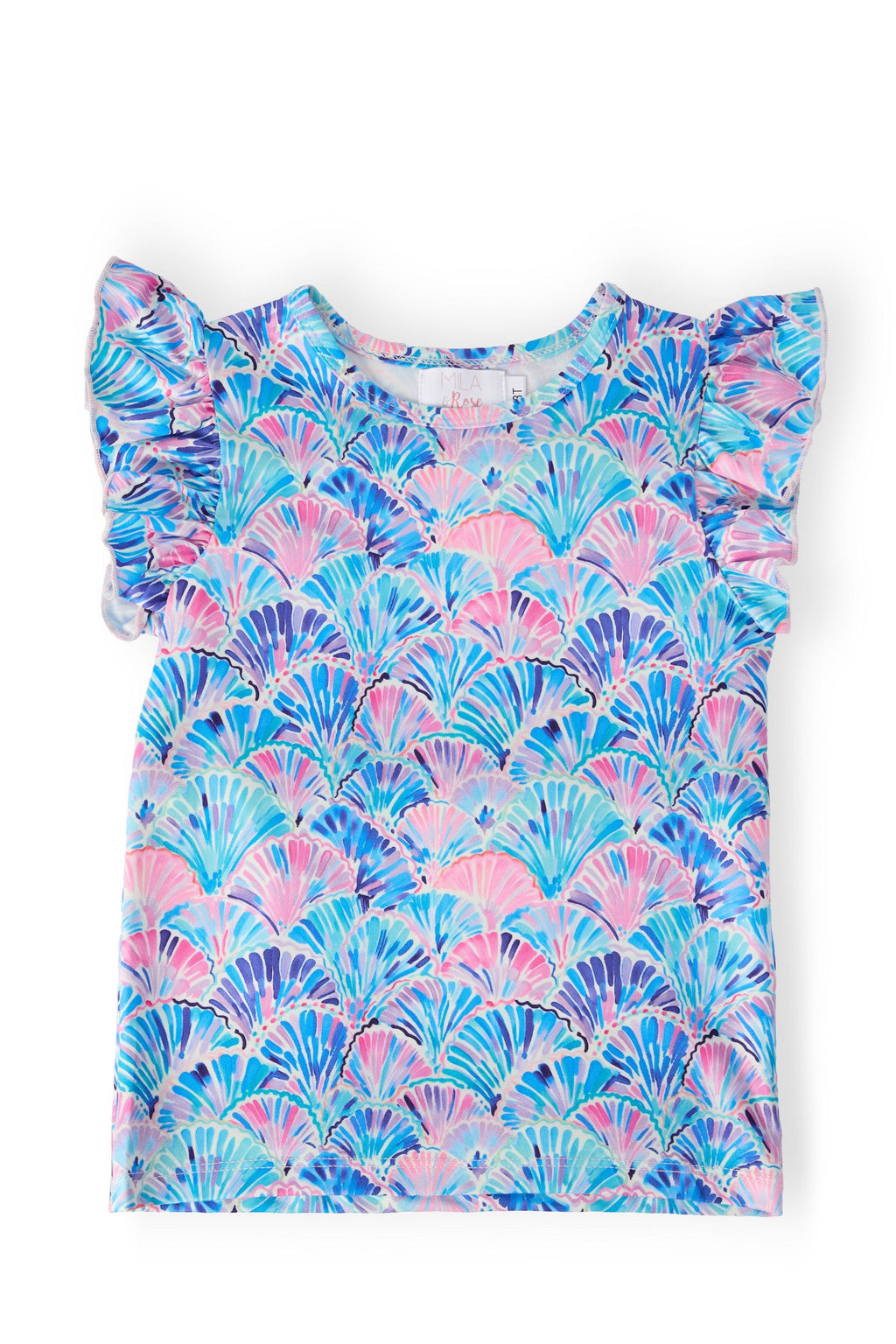 Mila & Rose Seaside Shells short-sleeve ruffle tee for toddlers, featuring seashell pattern and ruffle detailing.
