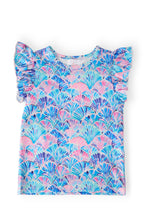 Mila & Rose Seaside Shells short-sleeve ruffle tee for toddlers, featuring seashell pattern and ruffle detailing.
