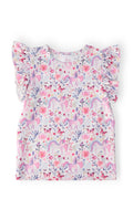 Mila & Rose whimsical woods short-sleeve ruffle tee for toddlers, featuring playful woodland print and ruffled sleeves.