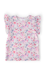 Mila & Rose whimsical woods short-sleeve ruffle tee for toddlers, featuring playful woodland print and ruffled sleeves.