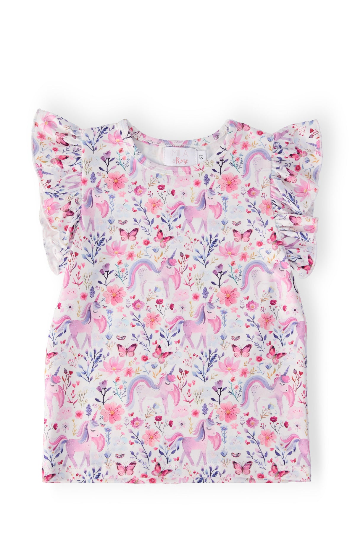 Mila & Rose whimsical woods short-sleeve ruffle tee for toddlers, featuring playful woodland print and ruffled sleeves.