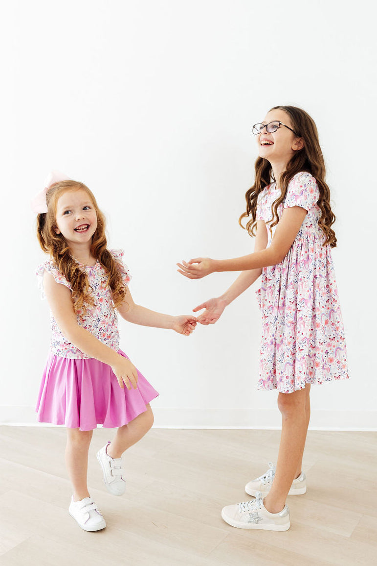 Mila & Rose Whimsical Woods S/S Ruffle Tee for toddlers, light blue with playful ruffle details, short sleeve baby shirt.