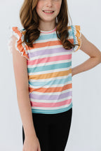 Mila & Rose spring stripes ruffle tee for babies, short sleeve design with ruffled details in pastel colors, perfect for warm weather.