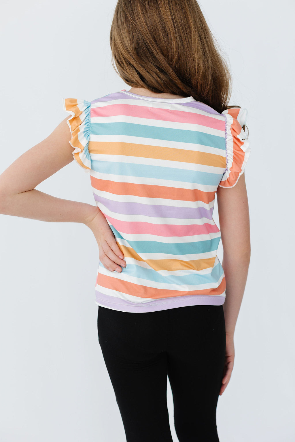 Mila & Rose Spring Stripes S/S Ruffle Tee for babies, featuring soft fabric, playful stripes, and ruffle details in a toddler size.