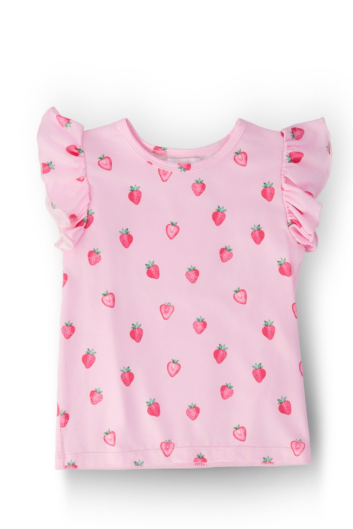 Mila & Rose sweet strawberry print ruffle tee for babies, short sleeves with ruffle details, soft cotton fabric for comfortable wear.