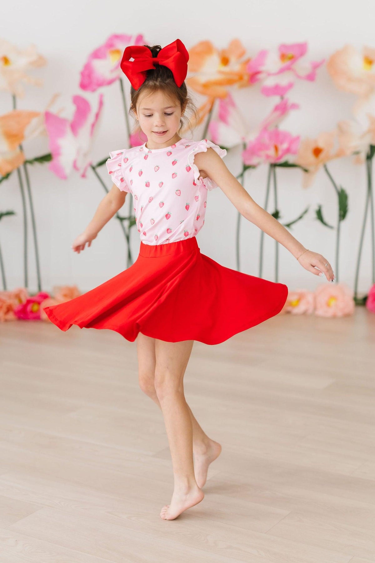 Mila & Rose sweet strawberry print ruffle tee for girls, short sleeve, soft fabric, adorable for summer wear.