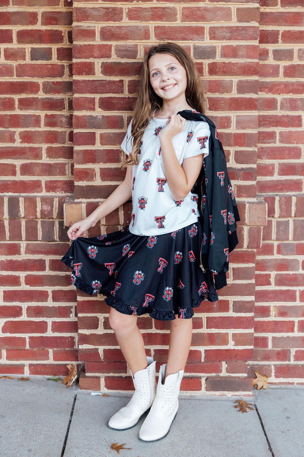 Mila & Rose black Raider Red twirl skort with ruffle detail for Texas Tech, suitable for toddlers and young children.
