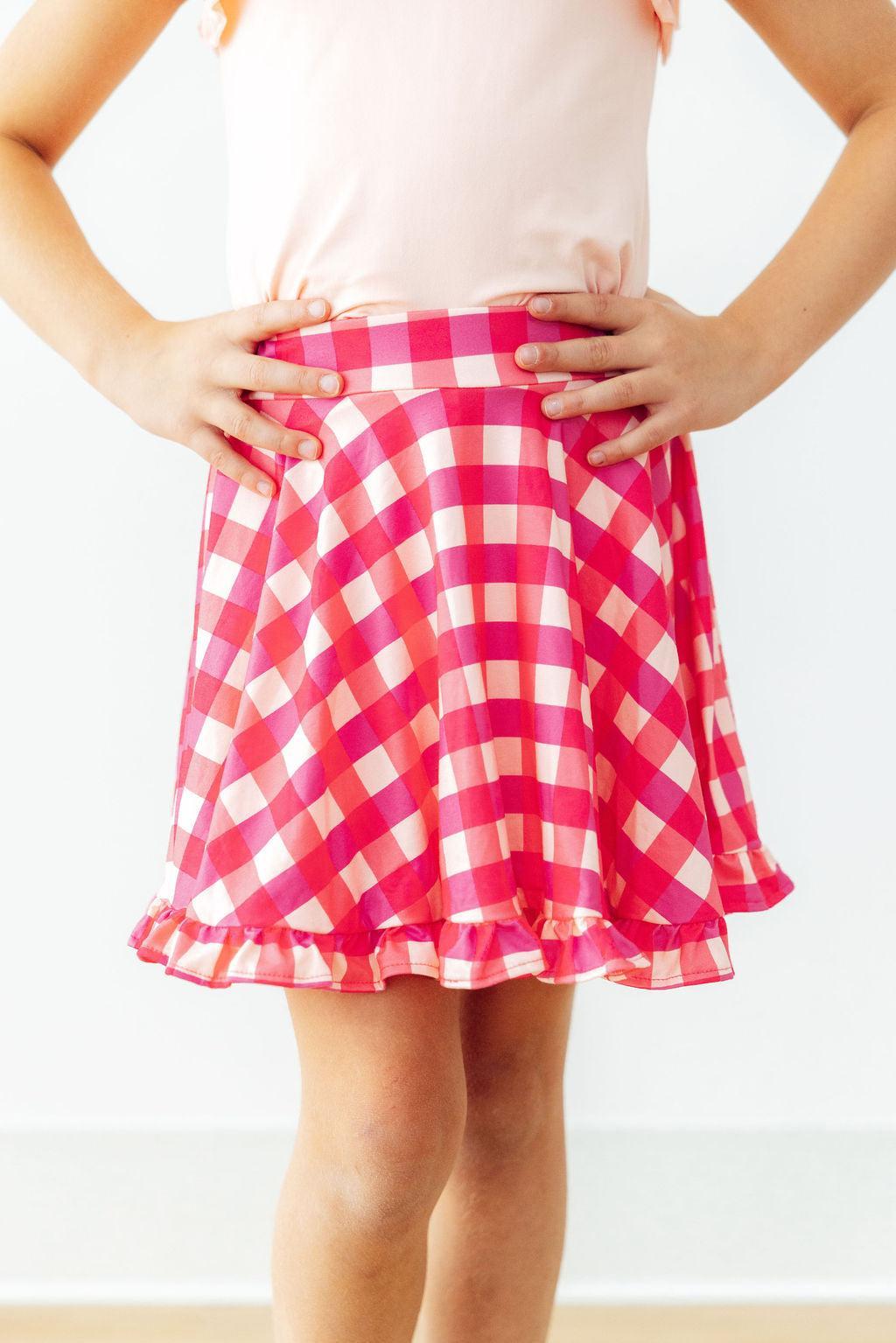 Hot pink gingham ruffle twirl skort for babies by Mila & Rose, featuring a playful ruffle design and comfortable fit.