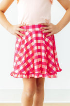 Hot pink gingham ruffle twirl skort for babies by Mila & Rose, featuring a playful ruffle design and comfortable fit.