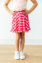 Hot pink gingham ruffle twirl skort for girls by Mila & Rose, featuring a playful ruffle design and comfortable fit.