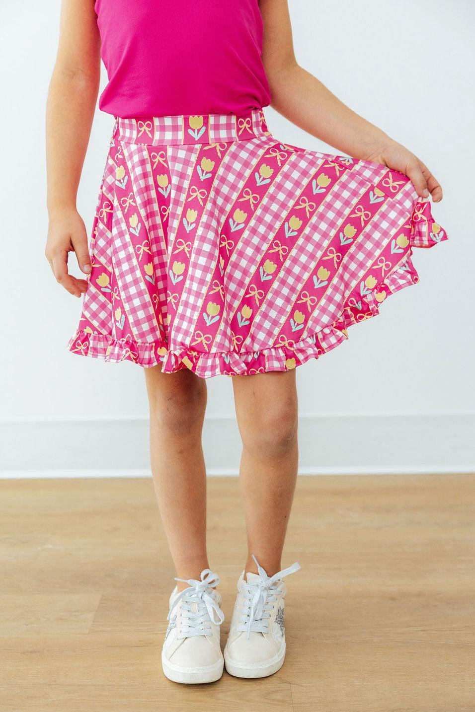 Mila & Rose® I Love You Tulip Much ruffle twirl skort for babies, featuring a floral tulip print and ruffled design.