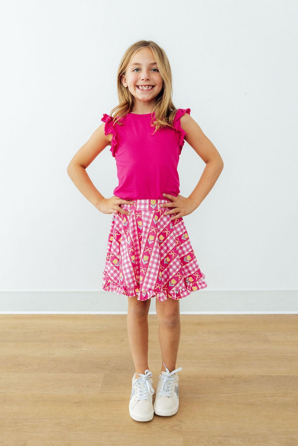 Mila & Rose I Love You Tulip Much Ruffle Twirl Skort for babies, pink with ruffled hem and playful tulip print.