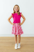 Mila & Rose I Love You Tulip Much Ruffle Twirl Skort for babies, pink with ruffled hem and playful tulip print.