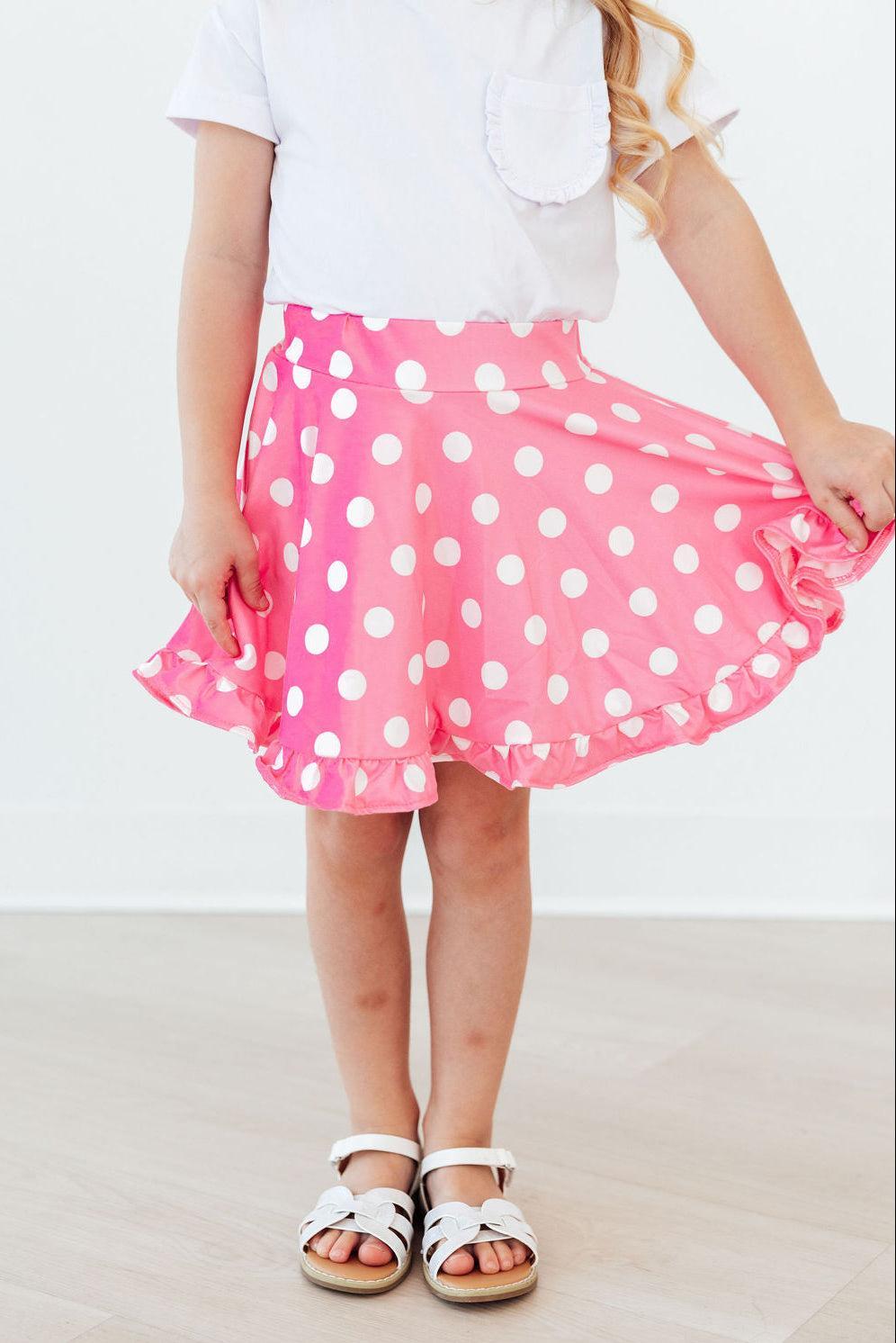 Pink polka dot ruffle twirl skort for baby girls from Mila & Rose, featuring a playful ruffled design and comfortable fit.